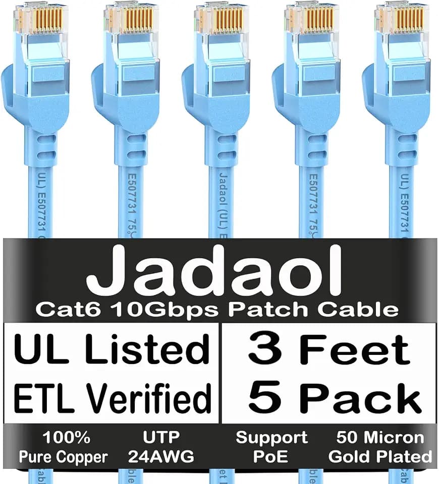 Jadaol [UL Listed] Cat 6 Ethernet Cable 3 ft 5Pack 10Gbps 24AWG PoE++, Blue