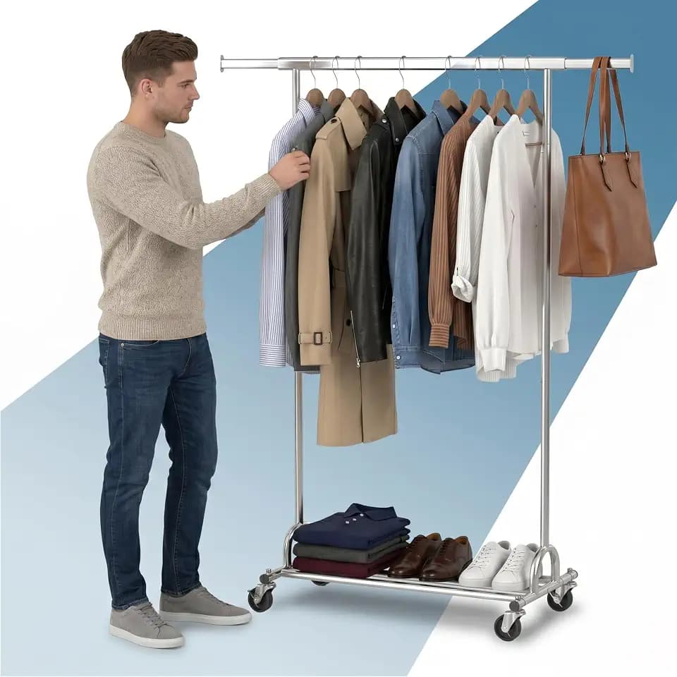 PORTENTUM Kleiderständer stabil aus Stahl höhenverstellbar mit Rollen und Bremsen – Bis 180 kg Traglast – Kleiderstange rollen 45 x (92-132) x 161,5 cm – Mit Ablage unten – Schneller Aufbau