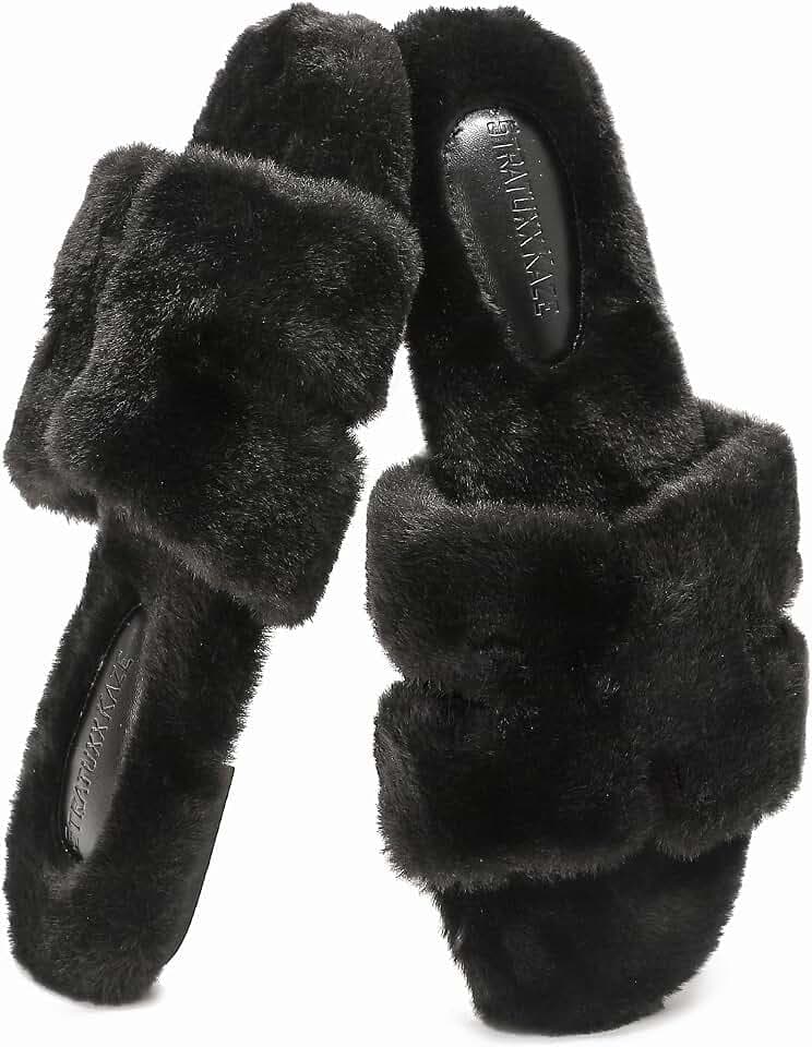 Statuxx Kaze Women's Comfy House Fur Slippers Open Toe Fuzzy Slides Indoor