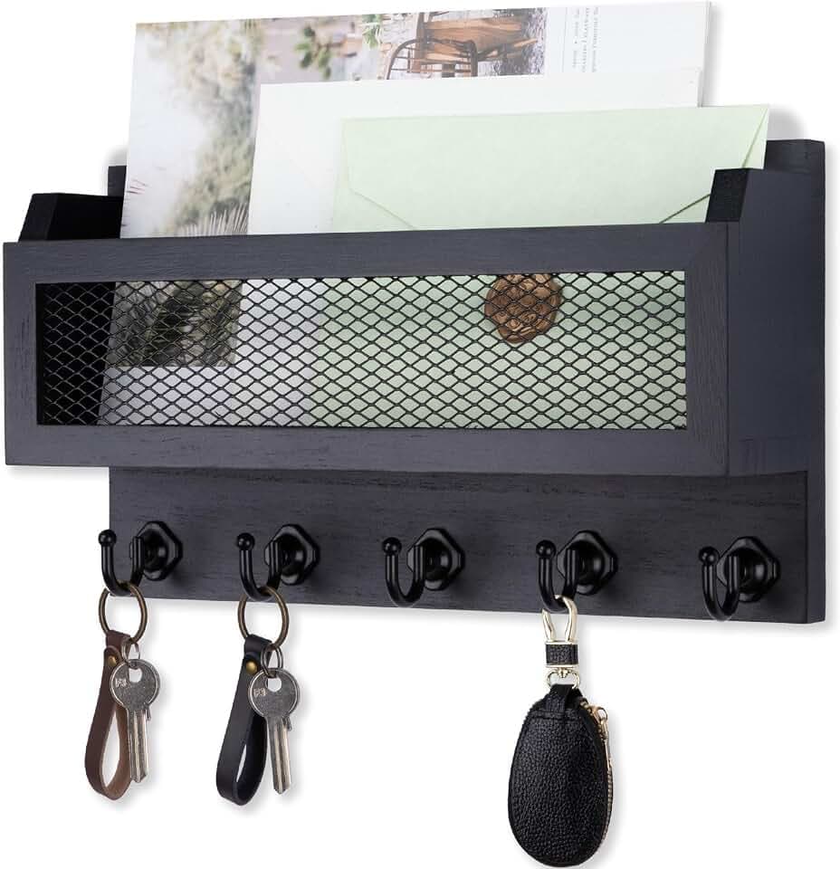 Nekon Mail and Key Holder for Wall Decorative, 11 Inch Mail Holder, Black