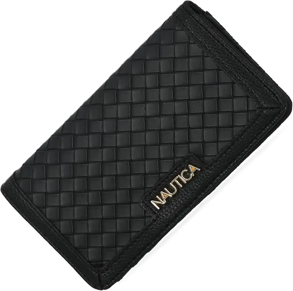 Nautica Seaside Slim Womens Wallet RFID Blocking Credit Card Holder, Coin Purse, Checkbook Organizer Clutch, Small Vegan Leather Wallet for Travel, Black (Woven)