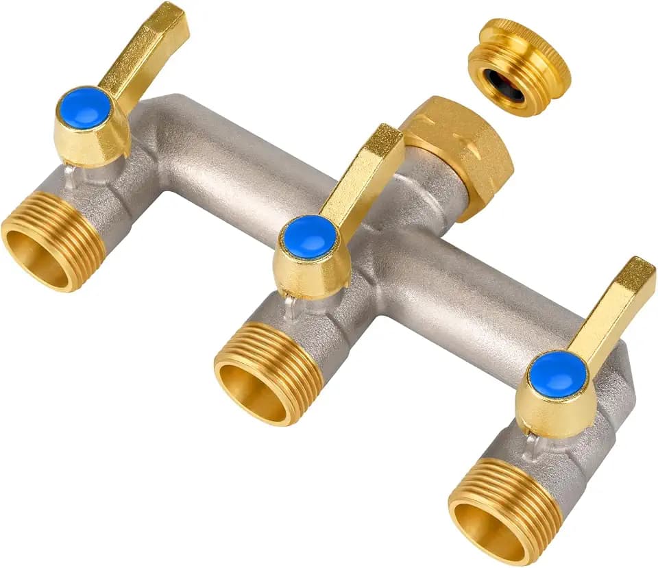 Wasserverteiler 3 Wege, Durchflussstarker Wasserverteiler 3Fach, Verlängerter Goldener Griff 3/4 Zoll Adapter für Haus, Hof/Waschmaschine (Großer Strom)