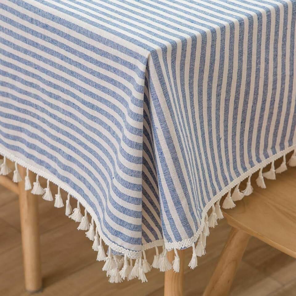 Tischdecke, quadratisch, gestreift, Quasten, Tischdecke, staubdicht, Baumwolle, Tischdecke für Küche, Esszimmer, Tischdekoration, 140 x 140 cm, Blau