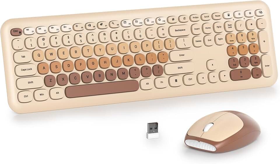 SOLIDEE Buntes kabellose Tastatur und Maus-Kombination,2.4GHz Retro Schreibmaschine Tastatur,104 Tasten in voller mit Ziffernblock,Leise membran Tastatur(Amerikanisch QWERTY)(Coffee)