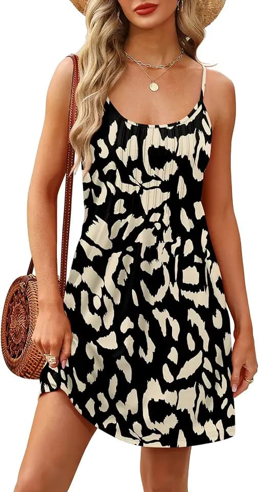 WEESO Summer Boho Dresses for Women Adjustable Spaghetti Strap Fashion Beach Vacation Casual Sundresses with Pockets