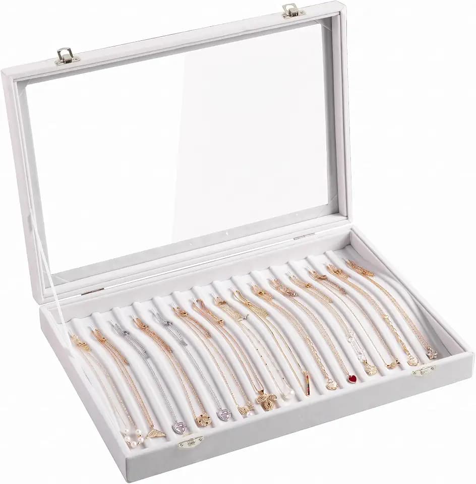 Frebeauty 15 Hooks Necklace Organizer,Velvet Necklace Holder Tray with Lid