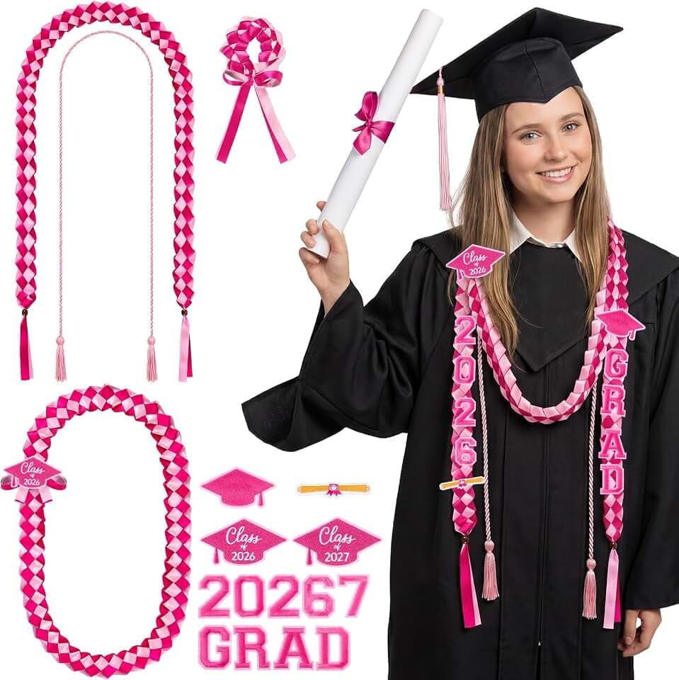 Canlierr 17 Pcs Graduation Leis Cord Set Class of 2026 Grad Ribbon Money Lei Braided Necklace Graduation Gift for Men Women Party Supplies(Pink Hot Pink)