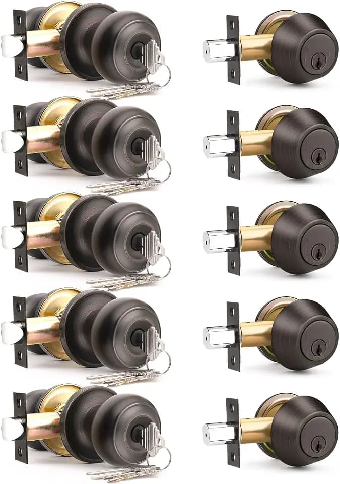 5 Pack Keyed Alike Front Door Knob and Deadbolt Set, Entry Door Locksets with Single Cylinder Deadbolt, Oil Rubbed Bronze Flat Round Door Lock Set for Bedroom/Office/Exterior Doors