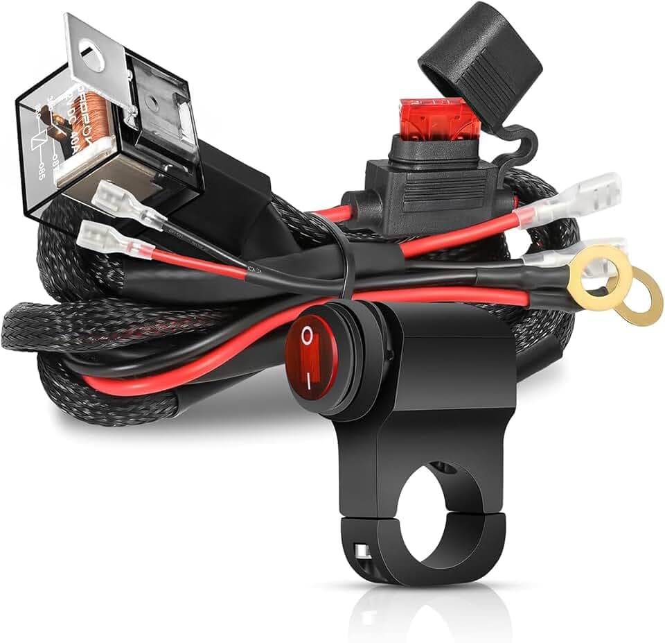 Greluma 2M 2 adriges Kabelbaum Kit für LED Lichtleisten, Motorrad Lenkerschalter, 22mm 7/8 Zoll, 12 V, 40 A, Relaissicherung, Nylon Kabelbaum für ATV, Dirtbike, Roller, Motorradlichter