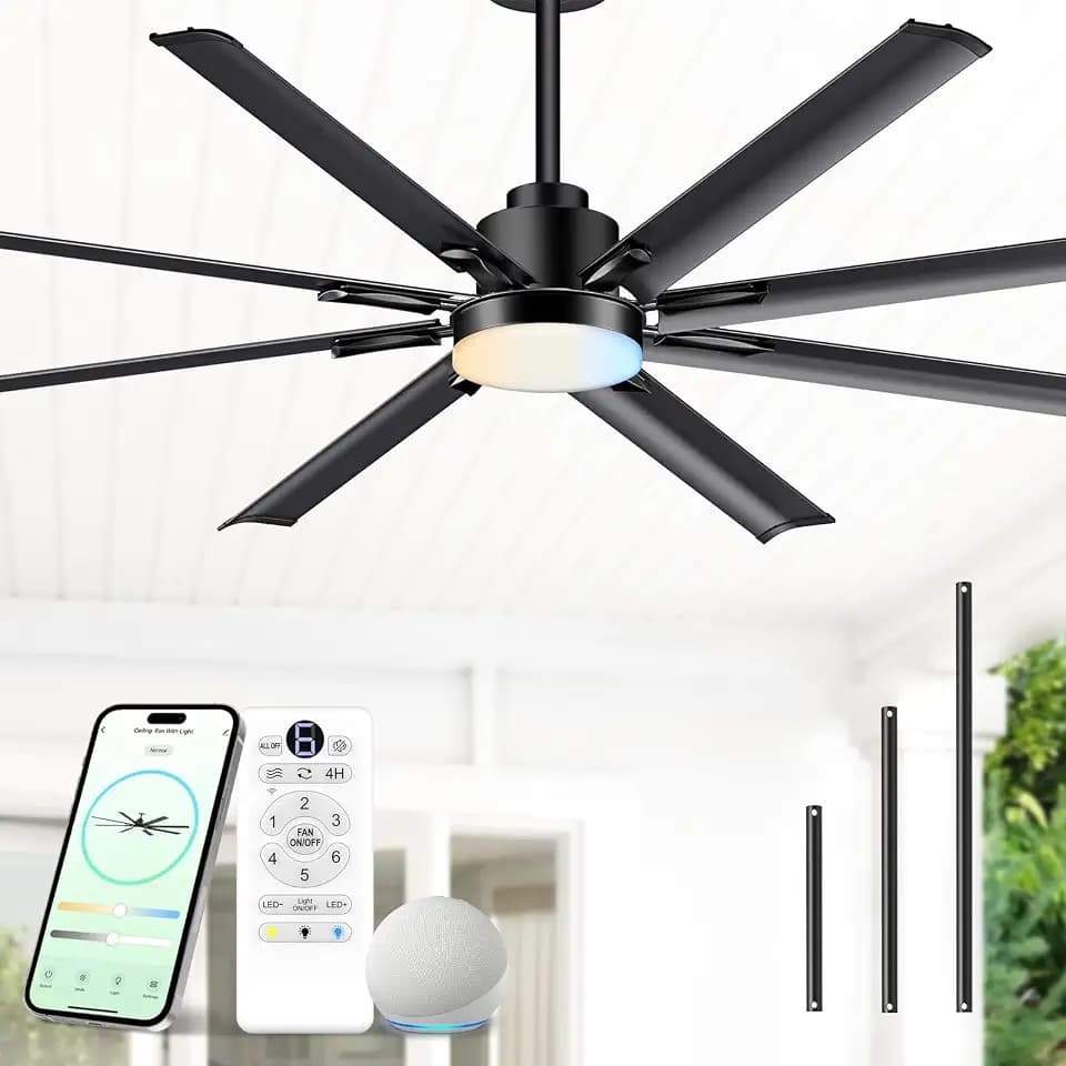 72" Aluminum Outdoor Ceiling Fan with Light, Industrial-Grade 8 Metal Blade