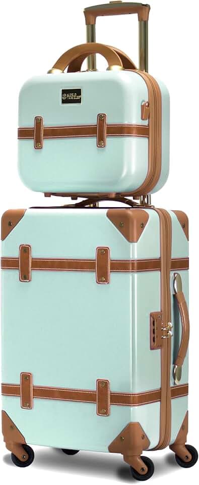 World Traveler Gatsby Vintage Style 2-Piece Hardside Carry-On Retro Train Case Spinner Luggage Set - Mint