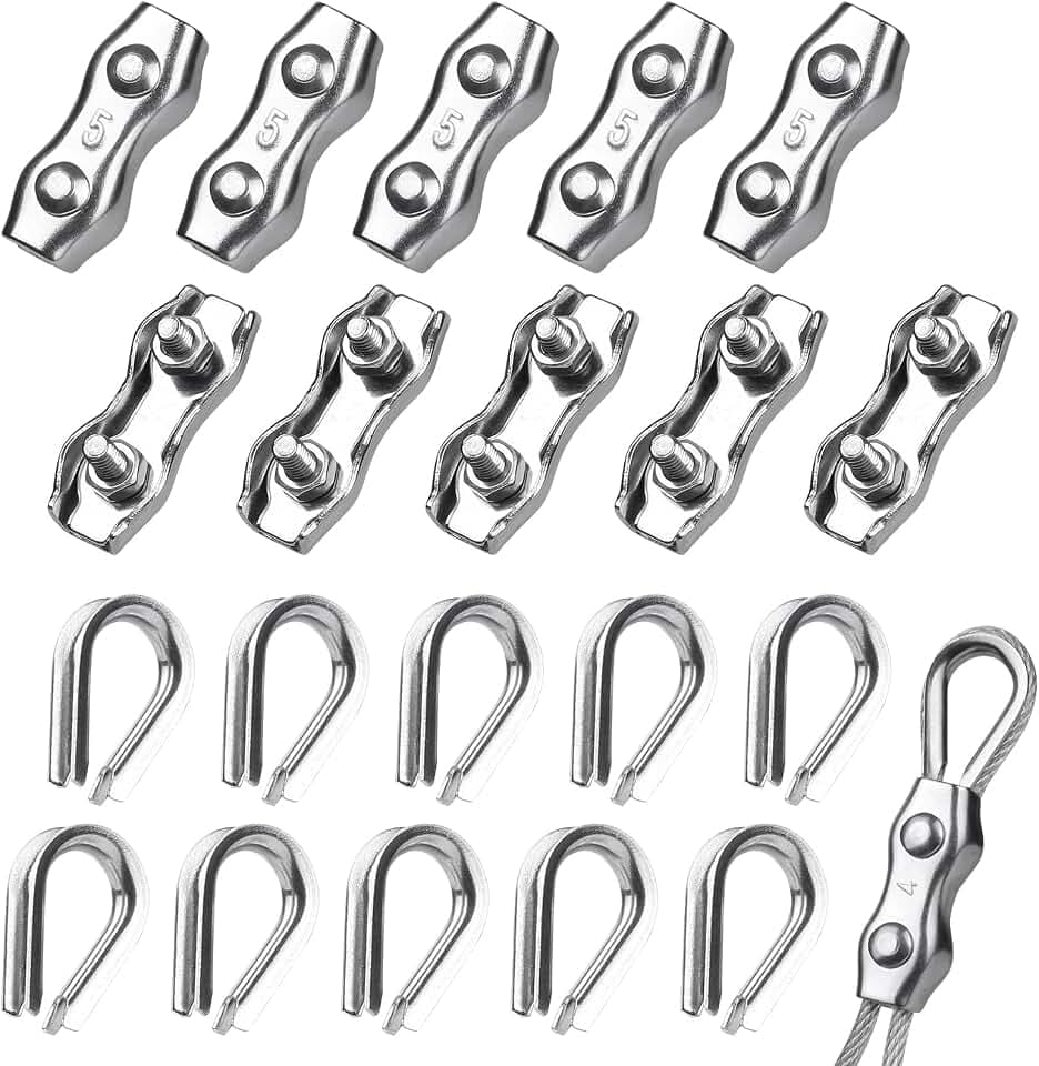 20 Stück Drahtseilklemme 5mm Kit, 10 Seilklemmen, 10 Kauschen 5mm