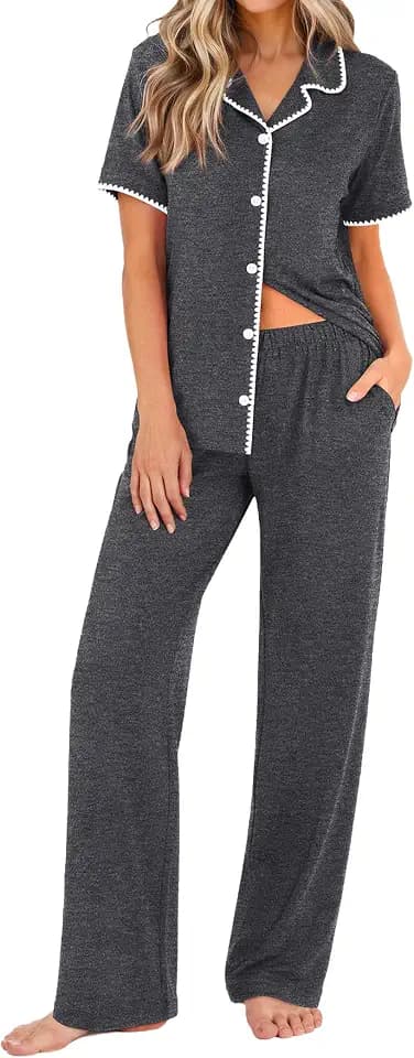 Ekouaer Womens Pajamas Set Button Down Loungewear Short Sleeve Pants Pjs
