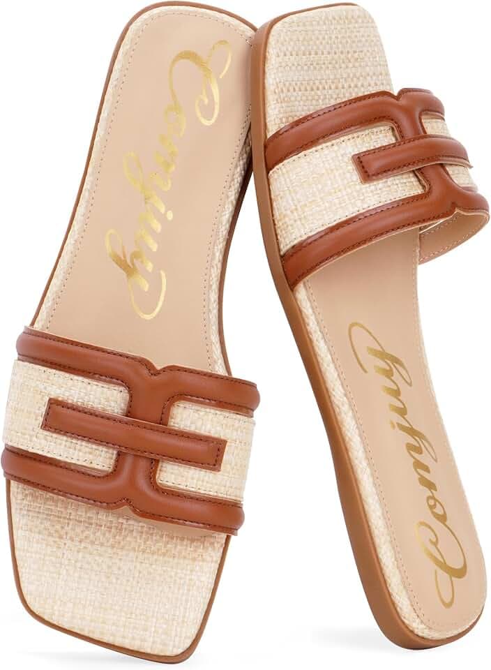 Raffia Sandals Flats For Women 2026 Comfortable Walking Slip On Sandals Luxury Open Square Toe For Summer