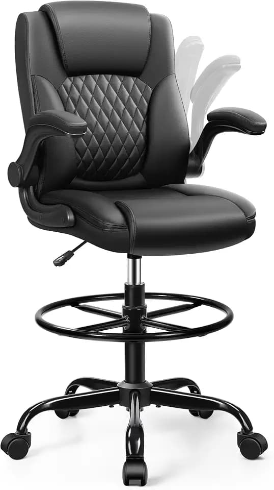Drafting Chair, Tall Office Chair for Standing Desk, High Executive Leather Ergonomic Computer Chair with Adjustable Height and Flip-Up Armrest for Counter Height Desk, Black, Pack of 1