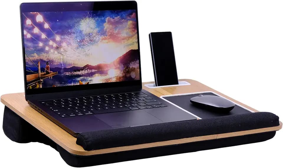 Laptopkissen für Bett & Sofa – Knietablett mit Kissen, Handyhalter & Handgelenkauflage - Passend bis 17" Laptop – Leicht & Komfortabel für Büro, Lernen & Entspannung(Black)