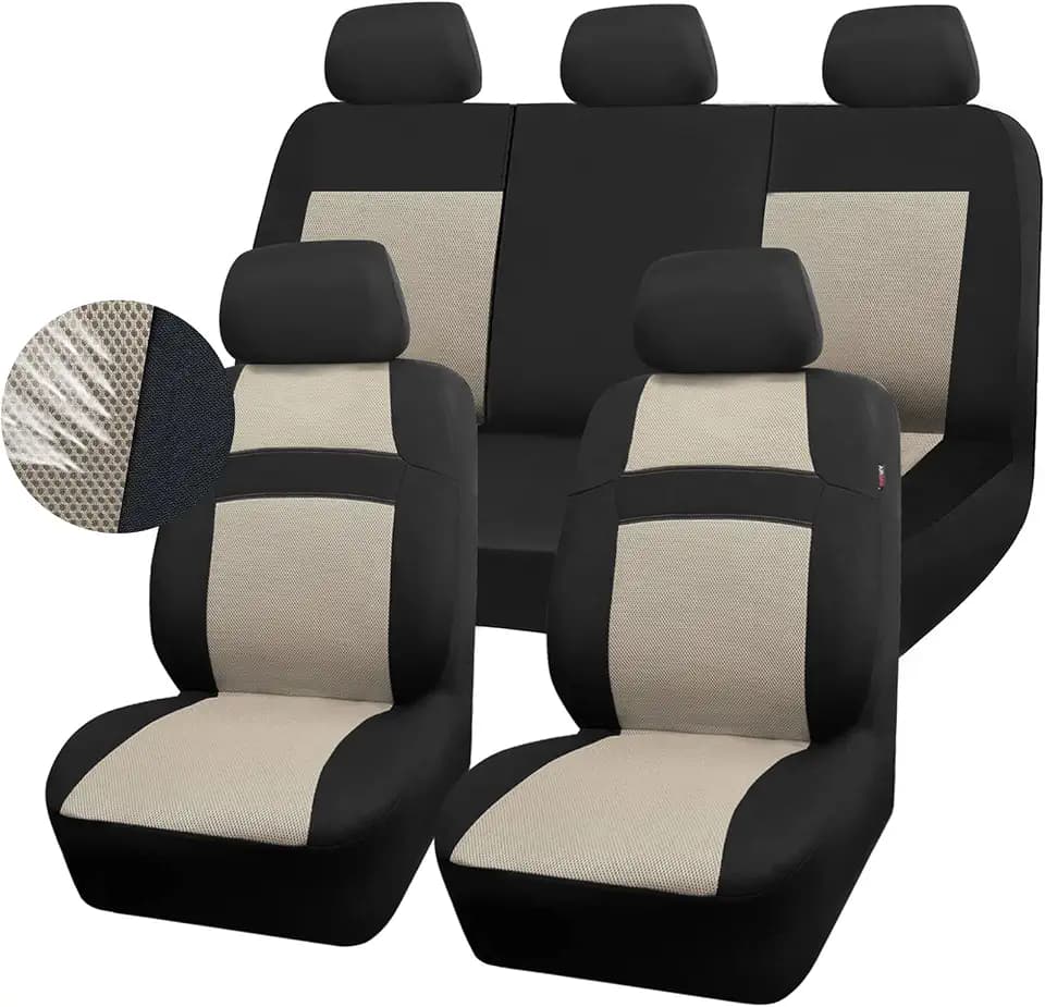 CAR PASS Seat Cover Full Sets, 3D Air Mesh Car Seat Cover with 5mm Composite Sponge Inside,Airbag Compatible Universal Fit for SUV,Vans,sedans, Trucks, Automotive Interior Covers (Black Beige)