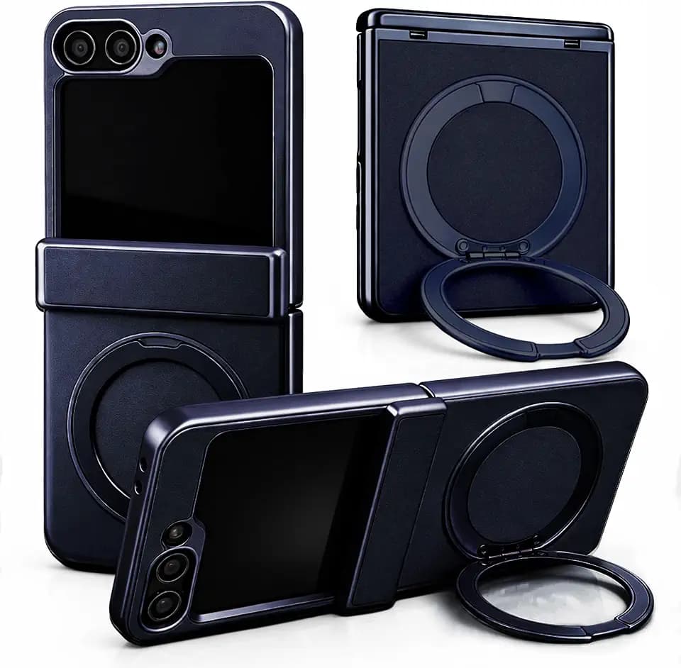 Genuine Leather Case for Samsung Galaxy Z Flip 5, Slim MagSafe Compatible Cover with Hinge Protection, Military-Grade Drop Protection, 360° Rotating Magnetic Kickstand (Navy, Z Flip5)