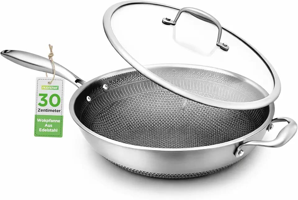 NutriChe Woklpfanne 31 cm mit Deckel – Antihaft pfanne Induktion Kratzfest spülmaschinengeeignet ofenfest und für Metallutensilien geeignet, Silver