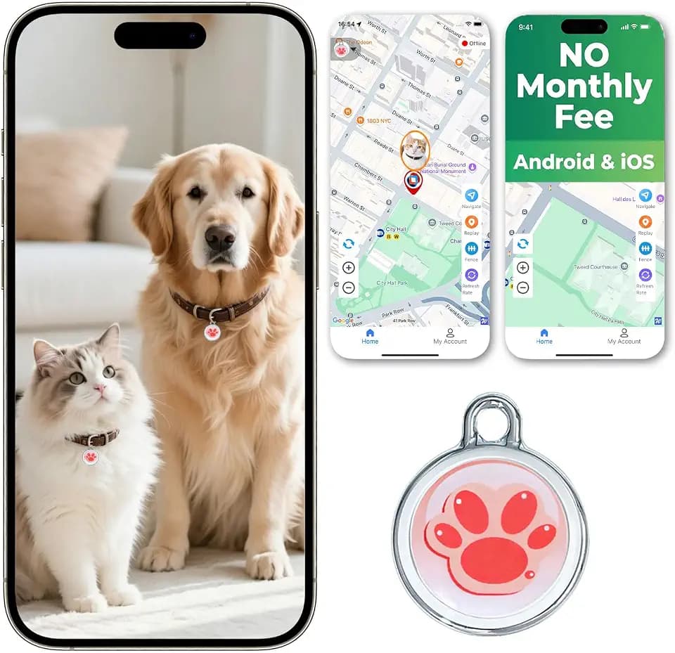 GPS Tracker for Dogs, Smart Pet Tracker Collar, Real-Time Location Tracking, Pet Location Tracker, No Monthly Fee, No SIM Card, IP68 Waterproof, History Log, Audible Alerts, iOS & Android Compatible