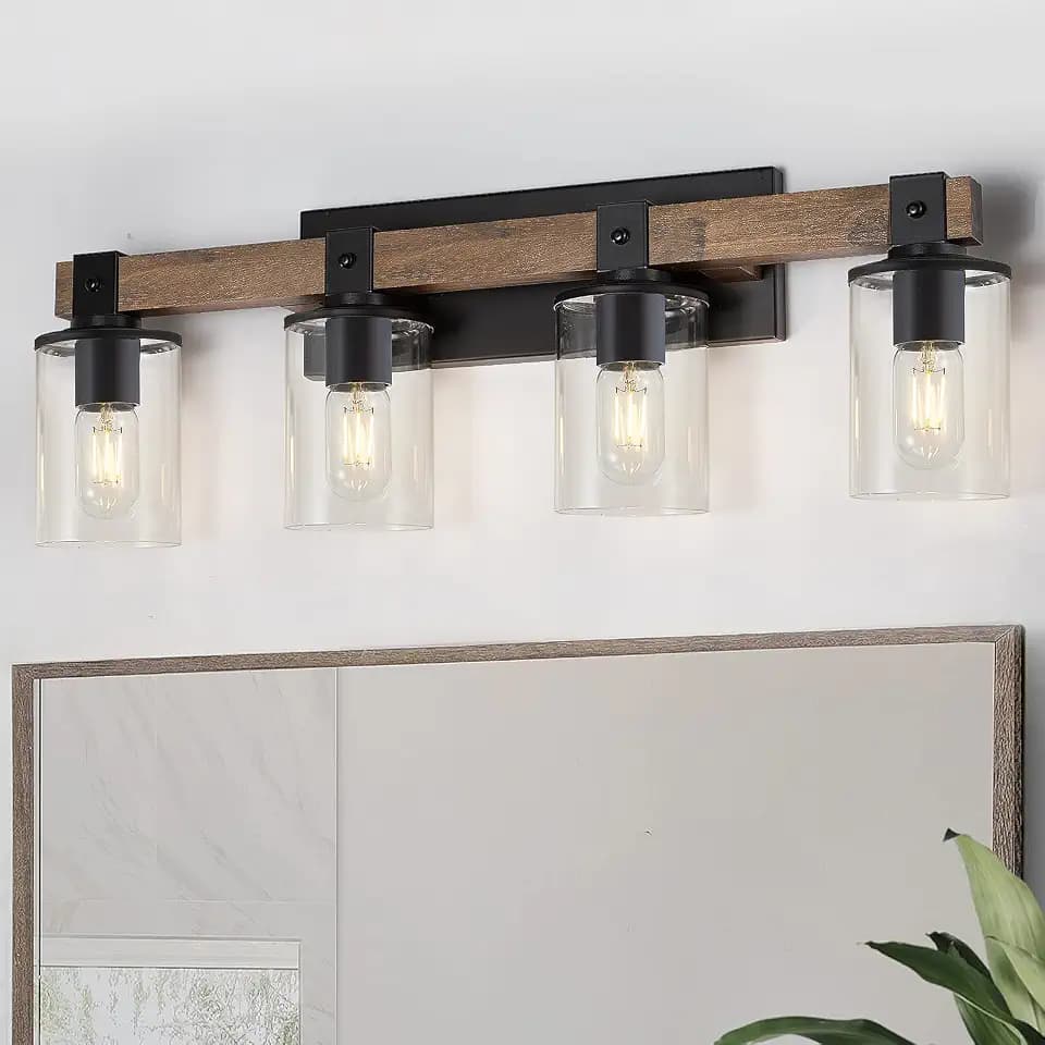 DUJAHMLAND Farmhouse Vanity Light Fixture, Industrial 4-Light Wood Wall Sconce Bathroom Vanity Lighting with Clear Glass Lights Shade,for Hallway,Kitchen,Bedroom(Antique Wood, 4-Light)