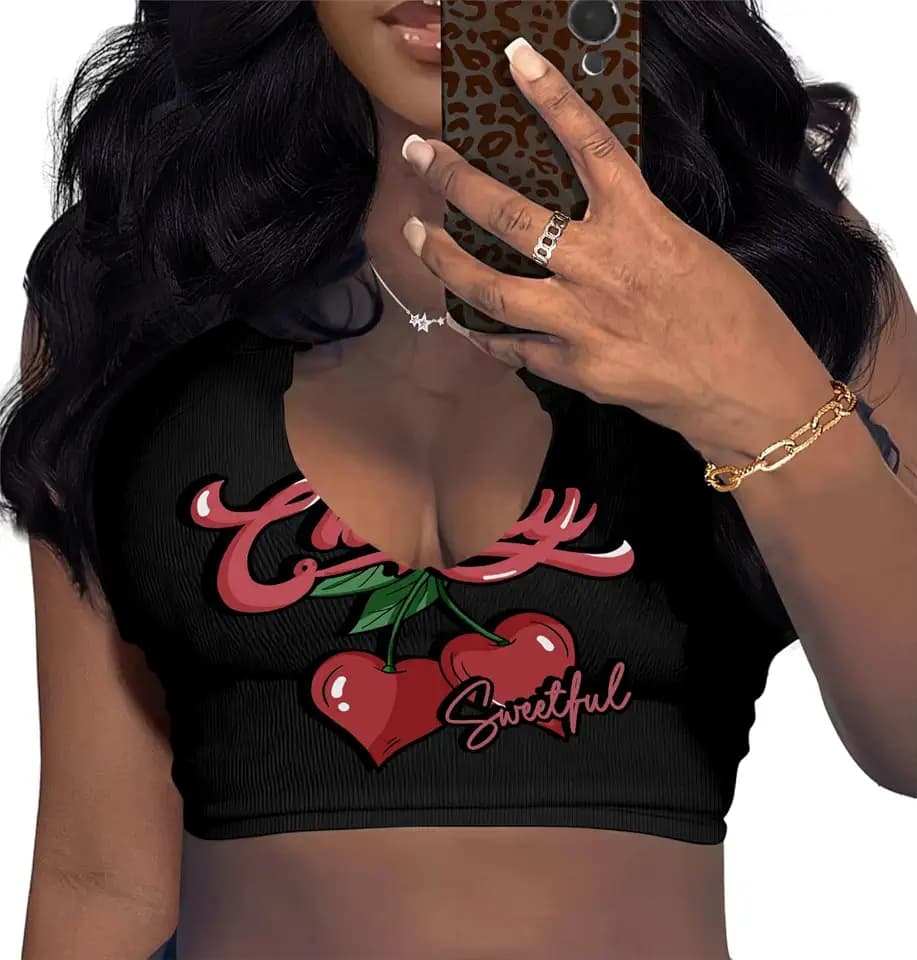 LovelyWholesale Sexy Crop Top for Women Graphic Tees V Neck Ribbed Tank Top
