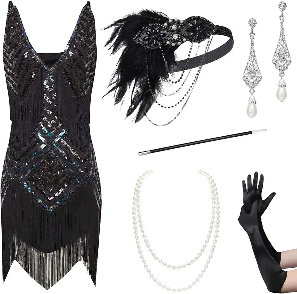BABEYOND 1920s Kleid Damen Sexy V Ausschnitt Flapper Charleston 20er Jahre Retro Stil Great Gatsby Motto Party Fasching Kostüm Schwarz