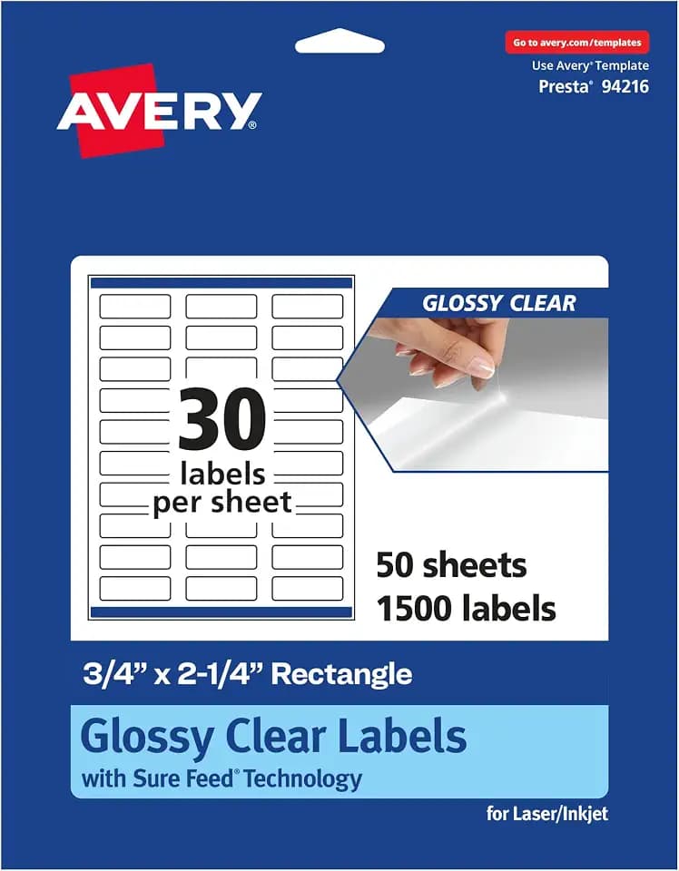 Avery® Glossy Clear Rectangle Labels, Sure Feed® Technology, 0.75" x 2.25", 1,500 Glossy Clear Labels, Print-to-The-Edge, Laser/Inkjet Printable