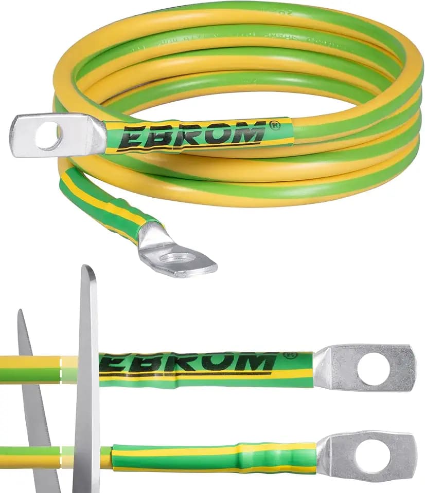 EBROM Erdungskabel 3 m Erdungsleitung H07V-K 16 mm² grün/gelb Erdungsleiter – Länge: 3 Meter + Kabelschuhe Ringöse M8 (8 mm) und M10 (10 mm) - Made in Germany - 16mm2 passend für Kreuzerder Staberder