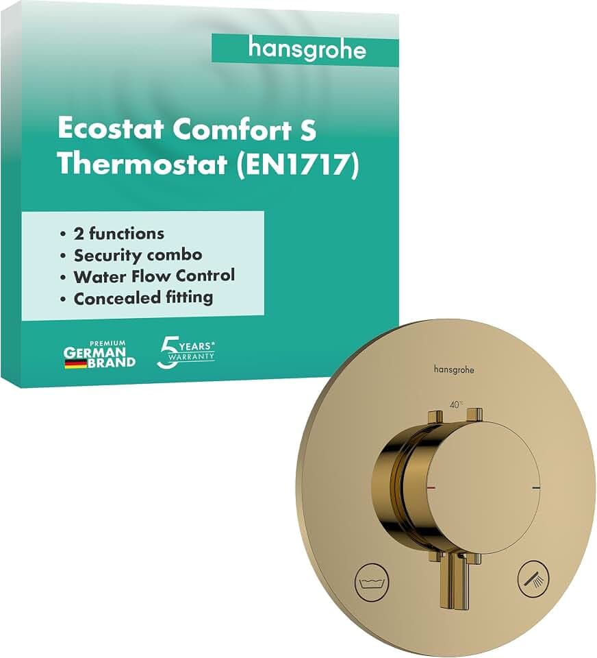 hansgrohe Ecostat Comfort S - Duschthermostat Unterputz mit Sicherungskombination, Duscharmatur mit Sicherheitssperre (SafetyStop) bei 40°C, Thermostat für 2 Verbraucher, Polished Gold Optic, 33718990