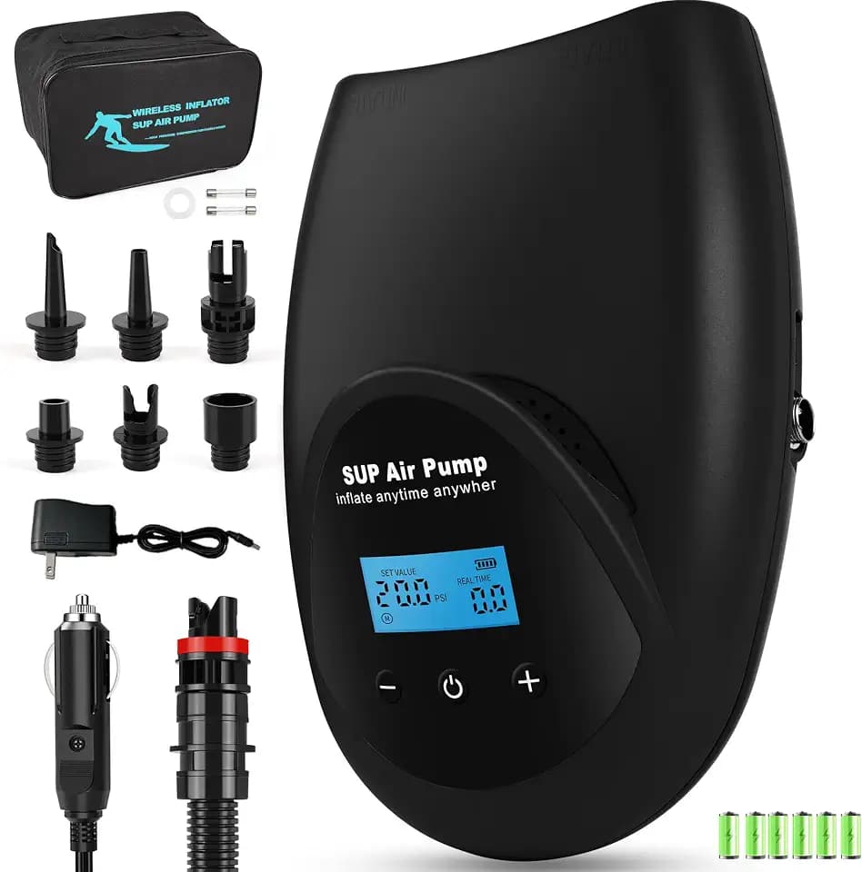 Tonsim Rechargeable Paddle Board Electric Pump, 20 PSI SUP Pump with 4 Preset Modes, Dual-Stage Inflation & Deflation, 12V DC Car Connector, Auto Shut-Off for Paddle Boards, Kayaks and Tents