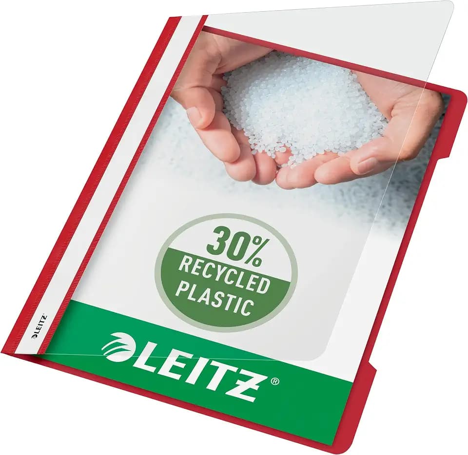 Leitz A4 Standard Schnellhefter, 25er Pack, 30% Pre-Consumer Recycling-Kunststoff, Hefter für A4-Blätter, 60 Blatt Kapazität, Ideal als Dokumententasche für Schule, Haushalt oder Büro, Rot, 41910025