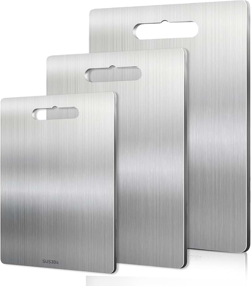 BORDEAG 3 Stück 304 Schneidebrett Aus Edelstahl, Schneidebrett, Edelstahl-Schneidebrett, Dickes Metallschneidebrett Für Küchenarbeitsplatten, Kochen, Outdoor, Camping, Wandern