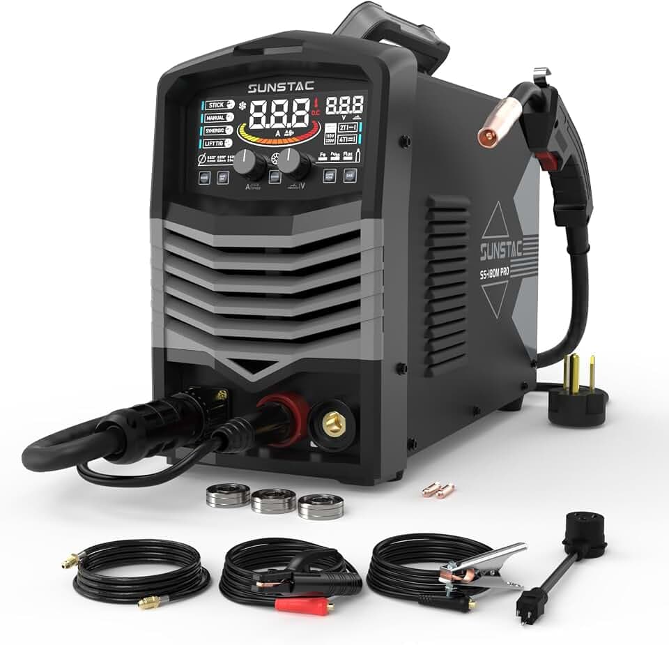 Sunstac 180A MIG Welder with Synergic LCD Control, 110V/220V Dual Voltage