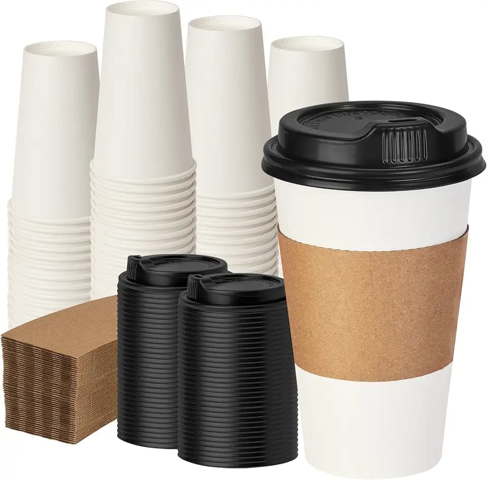 16 oz 100 Pack Coffee Cups with Lids and Sleeves