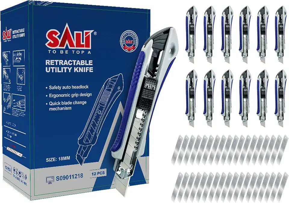 SALI Cuttermesser Set [12 Stück] aus Aluminium für,Allzweckmesser mit Gummigriff,Robuste Teppichmesser inkl,36 SK5 Carbonstahl Abbrechklingen 18mm,mit Geschenkbox geliefert