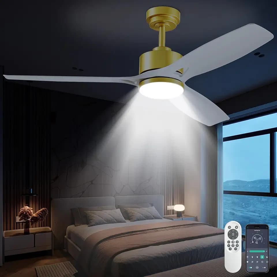 52 Inch Ceiling Fans with Lights and Remote Control - Outdoor Indoor Flush Mount Low Profile White Gold Ceiling Fans for Living Room,Bedroom,Patio