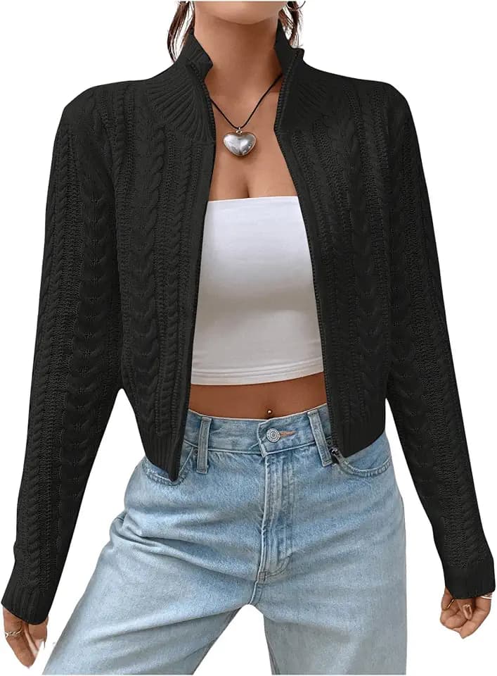 MakeMeChic Women's Cropped Cable Knit Sweater Zip Cardigan Fall Clothes