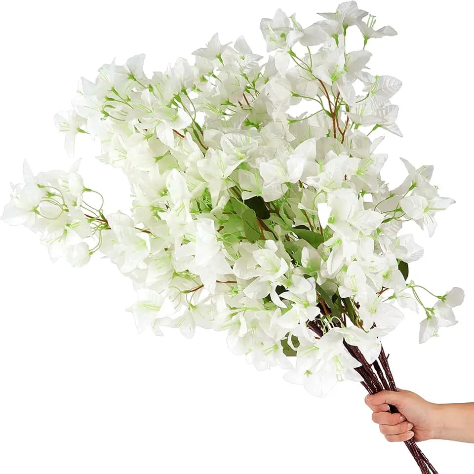 8 PCS Silk Bougainvillea Artificial Flowers，UV Resistant, 36 Branches, Long Stems Faux Flower, Realistic Fake Bougainvillea Vines, for Wedding Porch Home Party Garden DIY Decor - 38 inch (White)