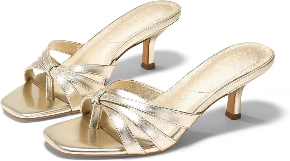 Coutgo Womens Strappy Kitten Heels Sandals Square Open Toe Flip Flops Slip On Slides Summer Dress Shoes