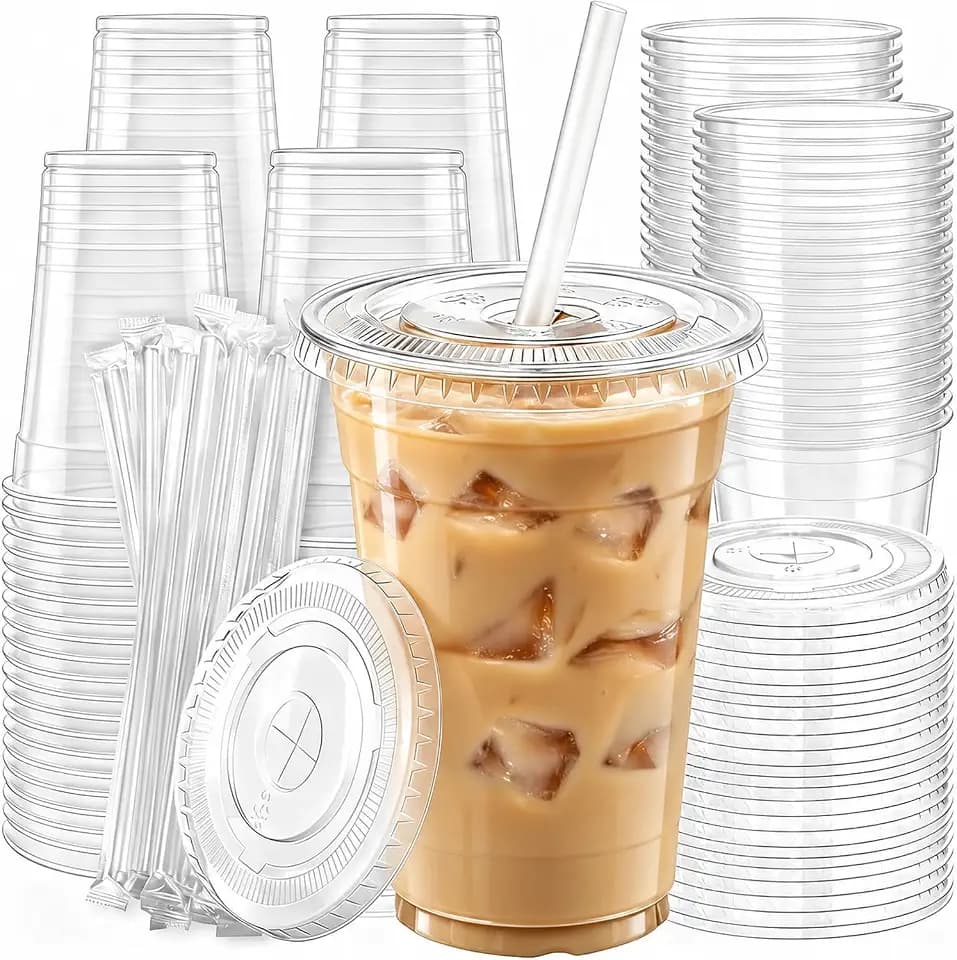 𝟏𝟎𝟎 𝐏𝐚𝐜𝐤 16 oz Disposable Clear Plastic Cups with Lids and Straws