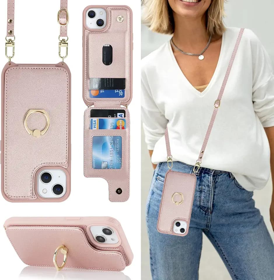 Lipvina Crossbody Wallet for iPhone 14 Case with Strap-Rose Gold