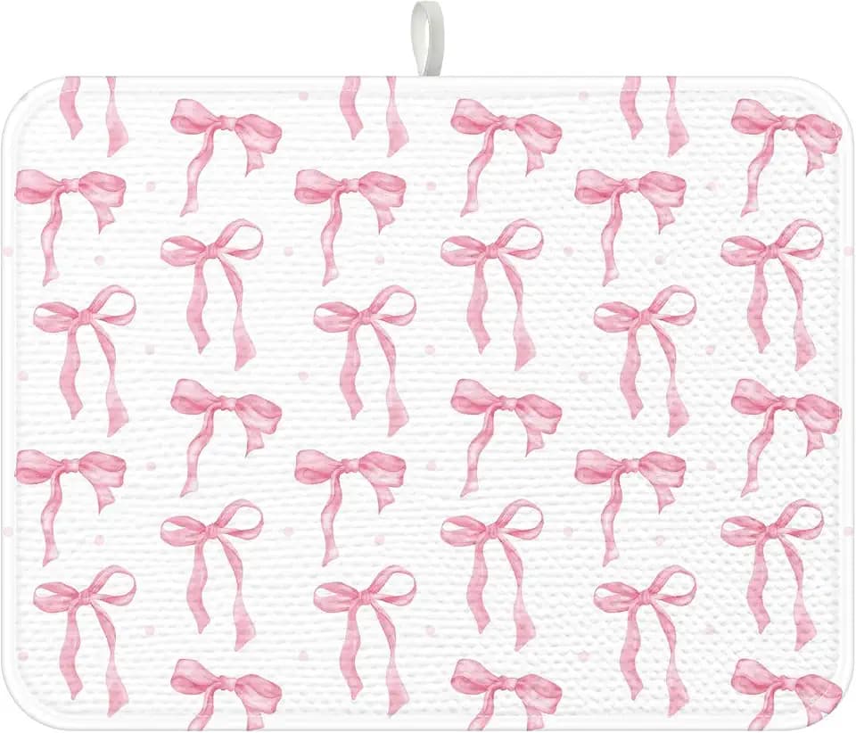 Pink Bow Dish Drying Mats for Kitchen Counter Microfiber Absorbent Mat