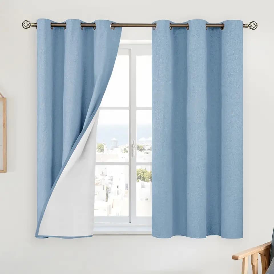 YoungsTex Blue Linen Blackout Curtains 48 Inch Length for Bedroom