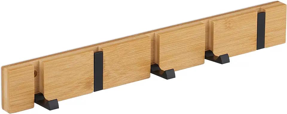 Relaxdays Garderobenleiste, klappbare Haken, Bambus, Metall, zum Bohren oder Kleben, Flur, Wandgarderobe, Natur/schwarz