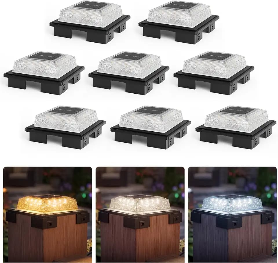 APONUO Solar Post Cap Lights, 3 Color Modes & 2 Brightness, Adjustable Base Fits 4x4 5x5 6x6 Posts (3.5-5.5 Inch), IP65 Waterproof, Deck & Fence Post Lights Solar Powered with Screws, Black, 8 Pack