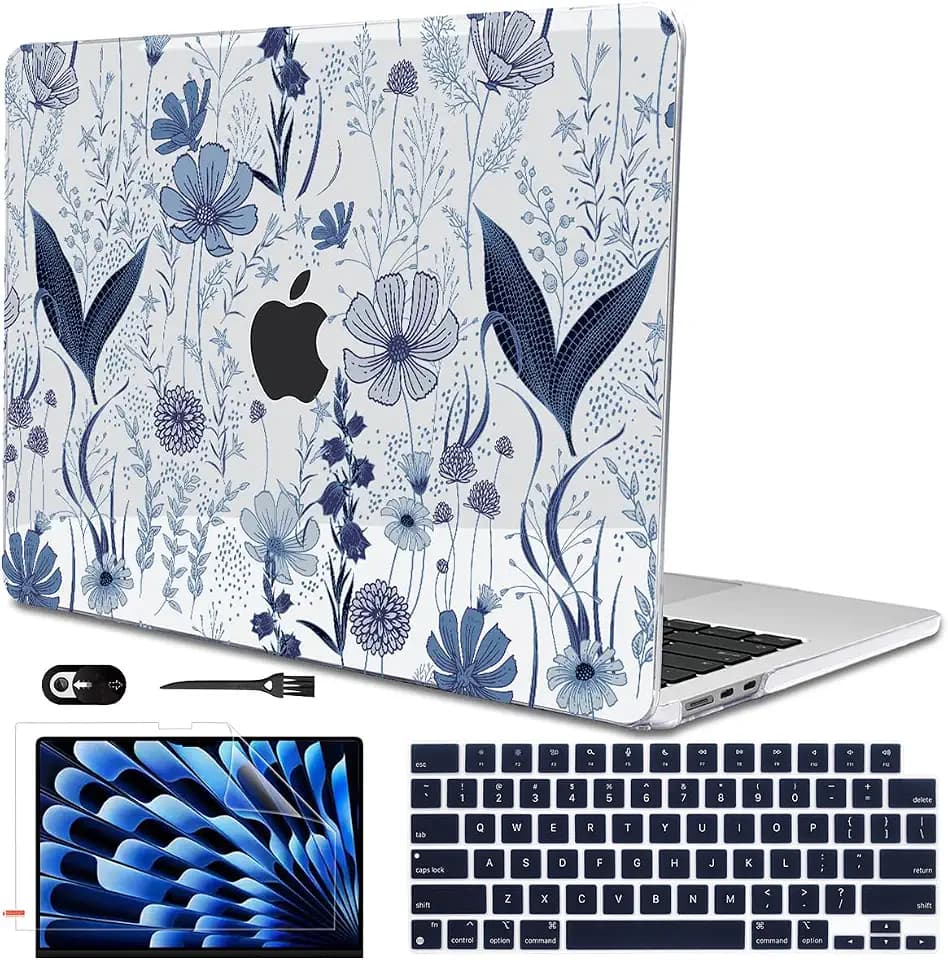 Compatible with MacBook Air 13 inch Case M5 2026 2025-2022 A3449 M4 A3240 M3 A3113 M2 A2681, Plastic Hard Shell Cover for MacBook Air 13.6 inch M5 Case+Keyboard Skin, Navy Blue Wild Flowers
