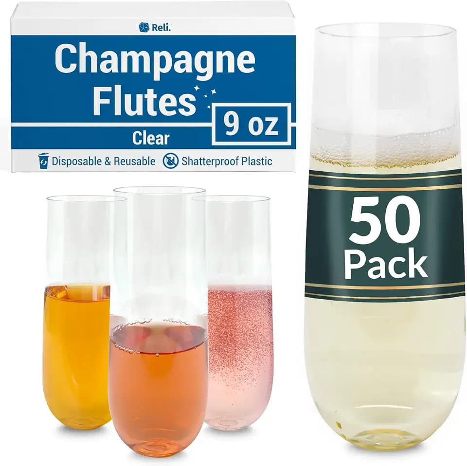 Reli. Disposable Champagne Flutes (50 Pack) | 9oz, Clear