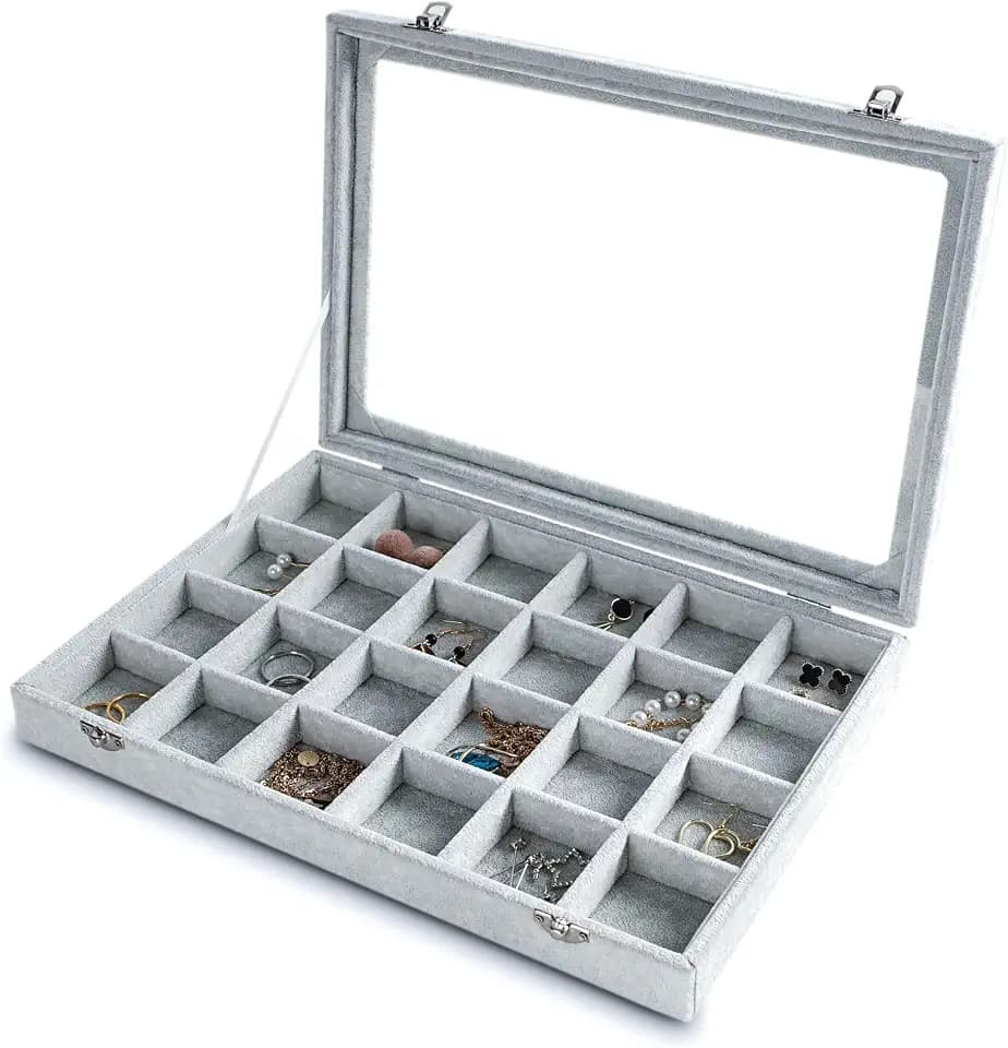 Frebeauty Ohrring Organizer mit 24 Fächern, Samt Schmucktablett mit Deckel