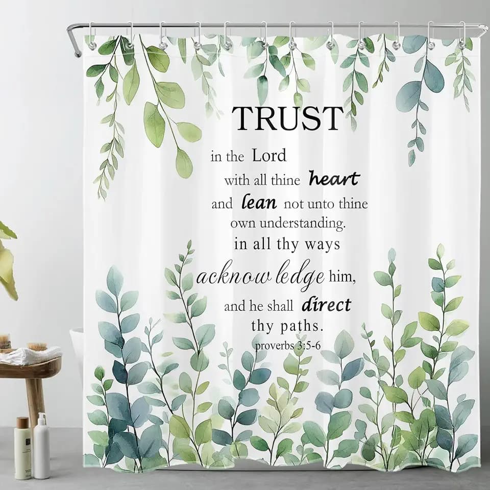 HVEST Sage Green Eucalyptus Shower Curtain with Hooks, Green Leaf and Bible Verse Inspirational Quotes on White Shower Curtain for Bathroom Nature Botanical Bathroom Decor Accessories,72L X 72W inches